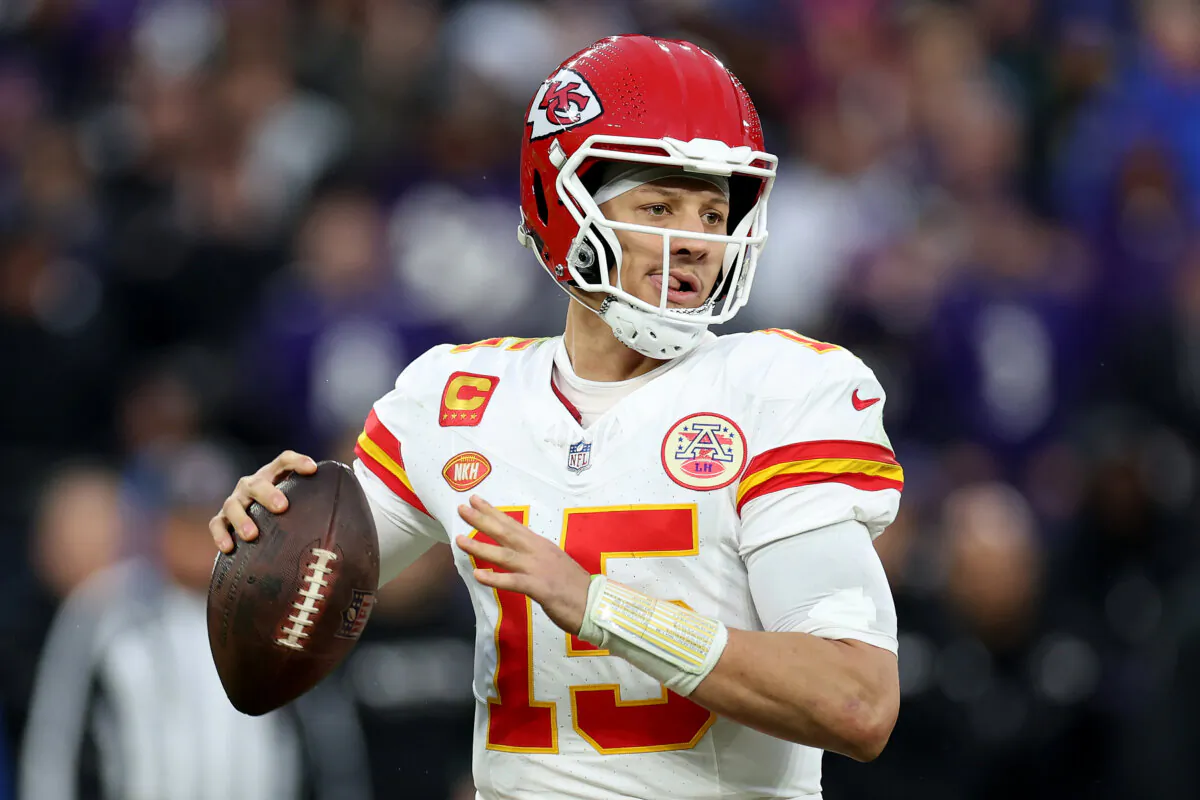 Patrick Mahomes #15 of the Kansas City Chiefs looks to pass against the Baltimore Ravens during the second quarter in the AFC Championship Game at M&T Bank Stadium in Baltimore on Jan. 28, 2024. (Rob Carr/Getty Images)
