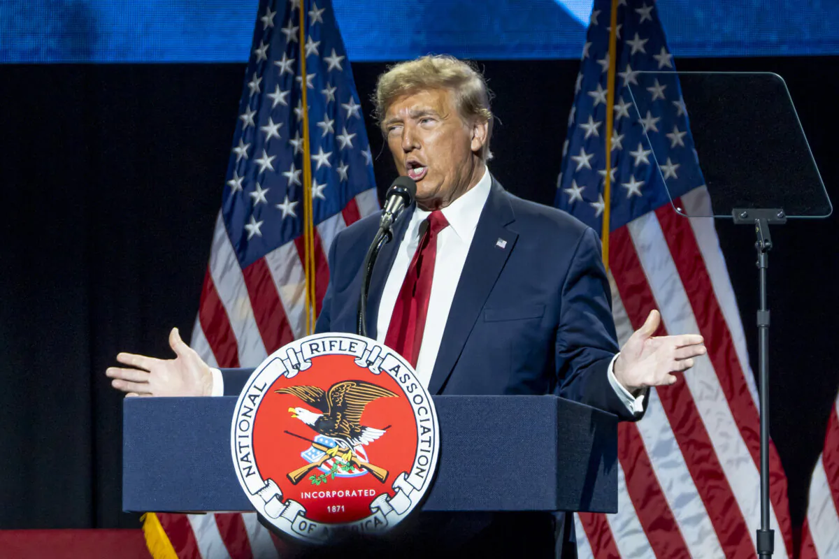 Former President Donald J. Trump speaks at the National Rifle Association in Harrisburg, Pa., on Feb. 9, 2024. (Madalina Vasiliu/The Epoch Times)
