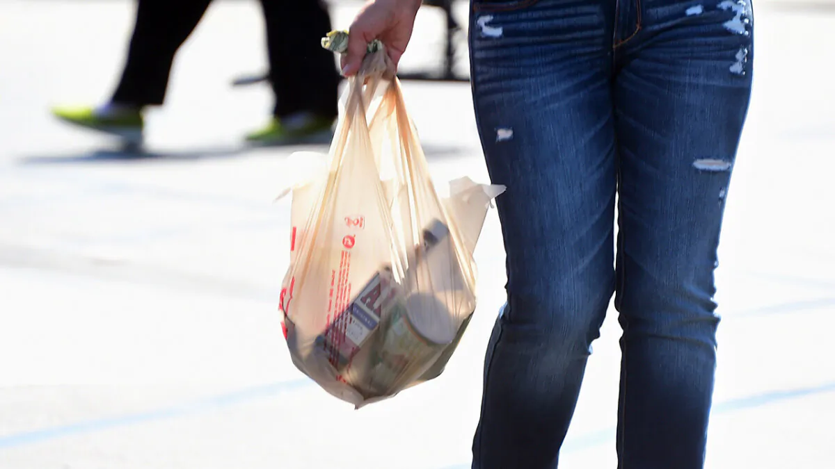 A woman carries her groceries in a plastic bag while leaving a supermarket in Monterey Park, Calif., on Sept. 30, 2014. (Frederic J. Brown/AFP via Getty Images)