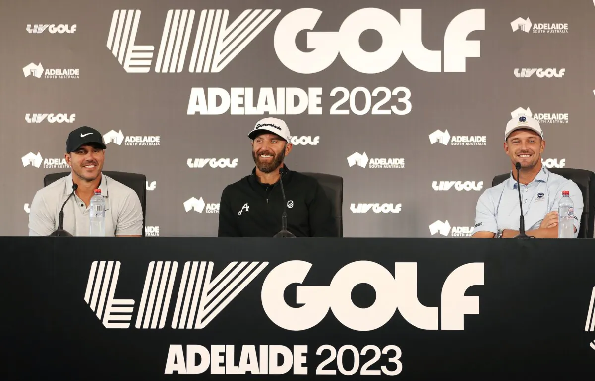 Brooks Koepka, Captain of Smash, Dustin Johnson, captain of 4Aces and Bryson De Chambeau, captain of Crushers during a practice round ahead of LIV Golf Adelaide at The Grange Golf Club in Adelaide, Australia, on April 19, 2023. (Sarah Reed/Getty Images)