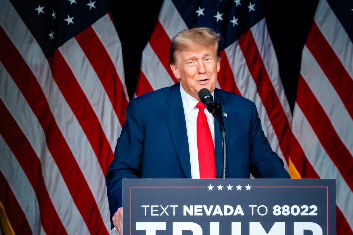 Former President Donald Trump speaks at Treasure Island Resort & Casino after Nevada caucus results in Las Vegas, Nev., on Feb. 8, 2024. (Madalina Vasiliu/The Epoch Times)