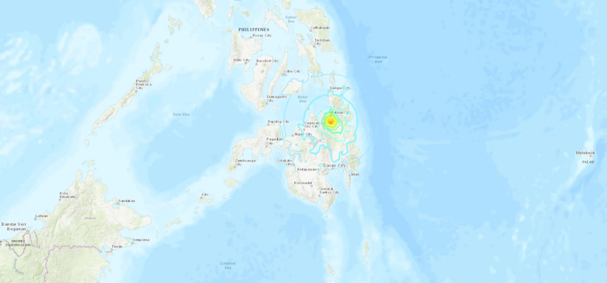 A map shows the location of a magnitude 5.6 earthquake that struck Mindanao, Philippines, on Feb. 10, 2024. (USGS/Screenshot via The Epoch Times)