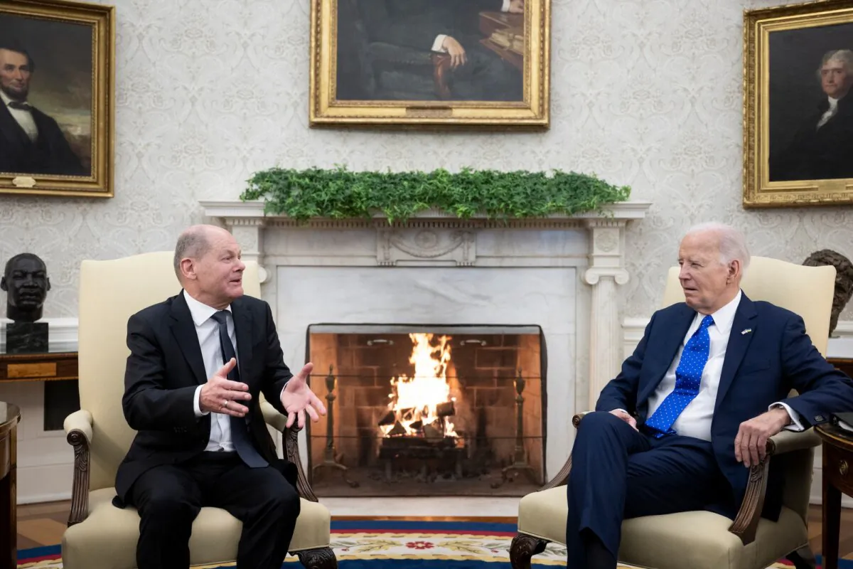 President Joe Biden (R) participates in a meeting with German Chancellor Olaf Scholz (L) at the Oval Office of the White House, in Washington, on Feb. 9, 2024. (Alex Wong/Getty Images)