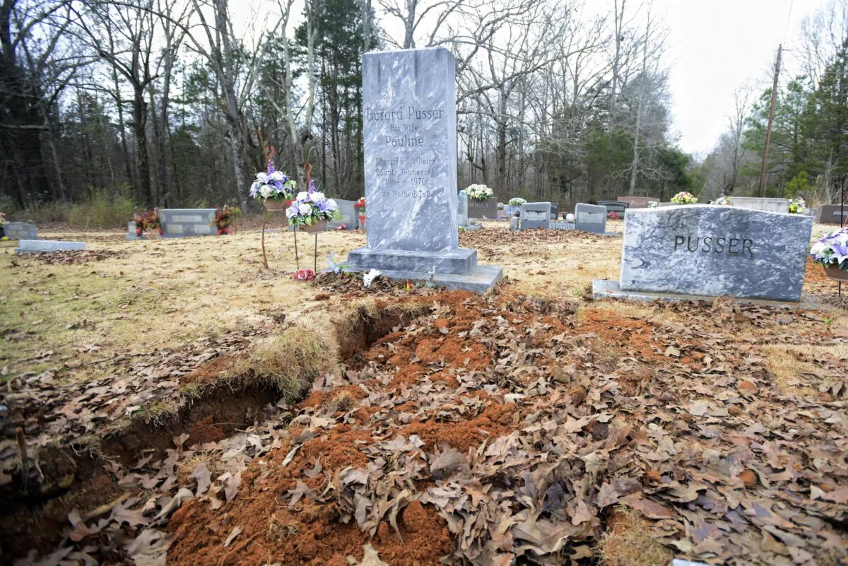 The recently excavated grave site of Pauline Pusser is seen at Adamsville Cementary in Adamsville, Tenn., on Thursday, Feb. 8, 2024. (Jamar Coach/The Jackson Sun via AP)
