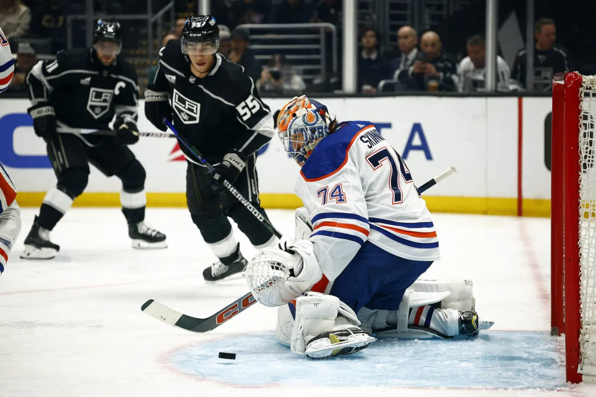 Quinton Byfield (55) of the Los Angeles Kings watches as Stuart Skinner (74) of the Edmonton Oilers makes a save in the second period in Los Angeles on Feb. 10, 2024. (Ronald Martinez/Getty Images)