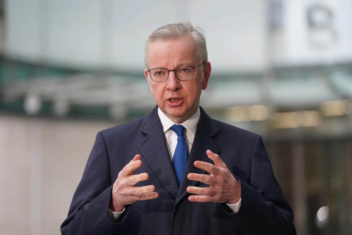 Secretary of State for Levelling Up, Housing and Communities, Michael Gove, speaks outside BBC Broadcasting House in London on Feb. 11, 2024. (Lucy North/PA Wire)