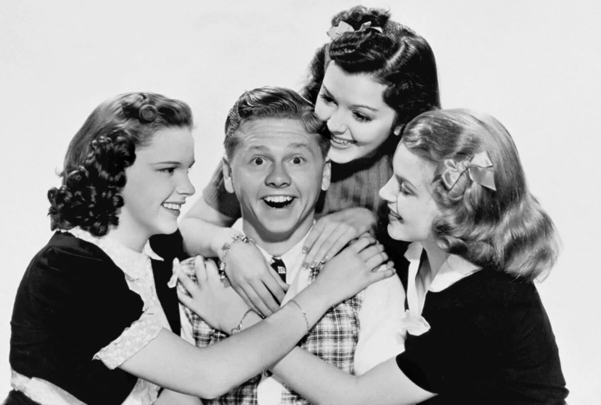 (L–R) Betsy Booth (Judy Garland), Andy Hardy (Mickey Rooney), Polly Benedict (Ann Rutherford), and Cynthia Potter (Lana Turner), in “Love Finds Andy Hardy.” (MGM)