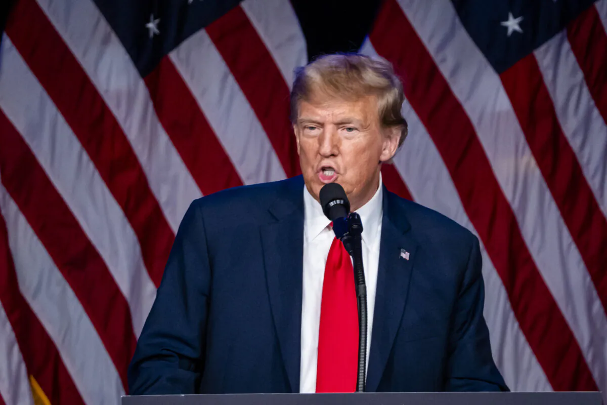 Former President Donald Trump speaks at Treasure Island Resort & Casino after Nevada caucus results in Las Vegas, Nev., on Feb. 8, 2024. (Madalina Vasiliu/The Epoch Times)