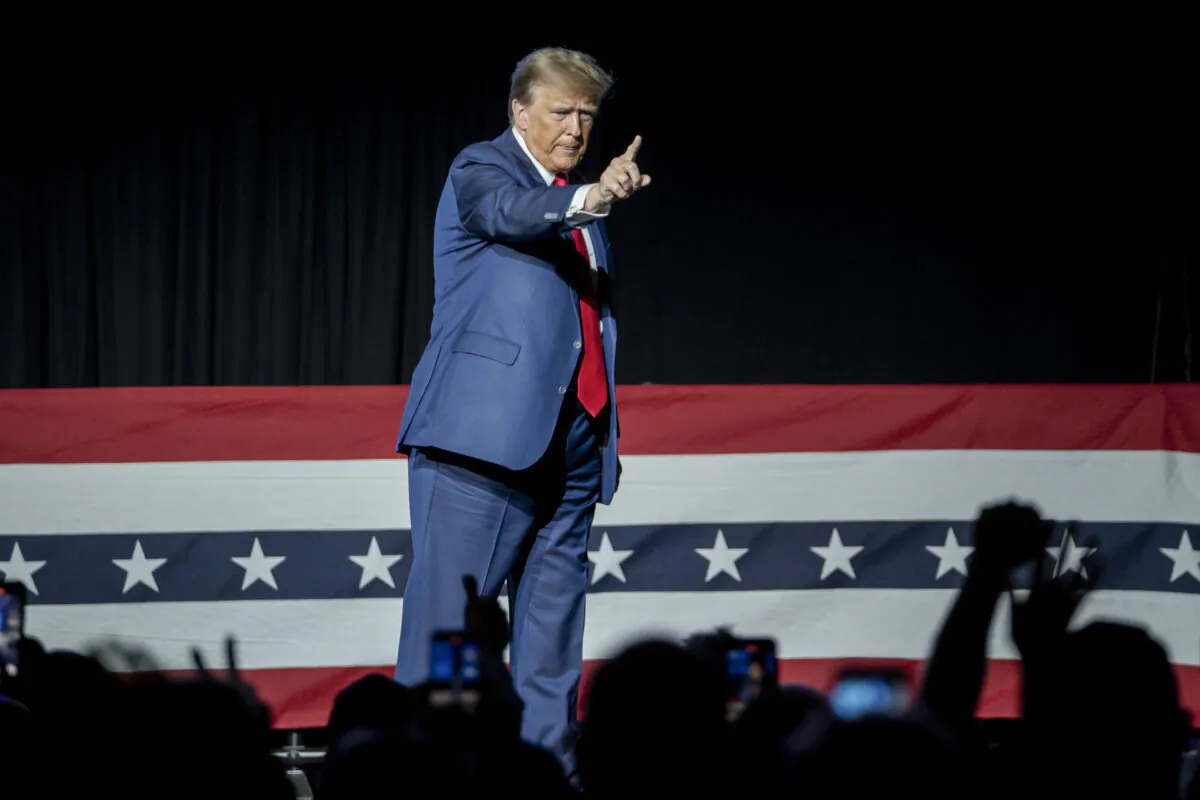 Former President Donald J. Trump greets his supporters after speaking at the National Rifle Association in Harrisburg, Pa., on Feb. 9, 2024. (Madalina Vasiliu/The Epoch Times)