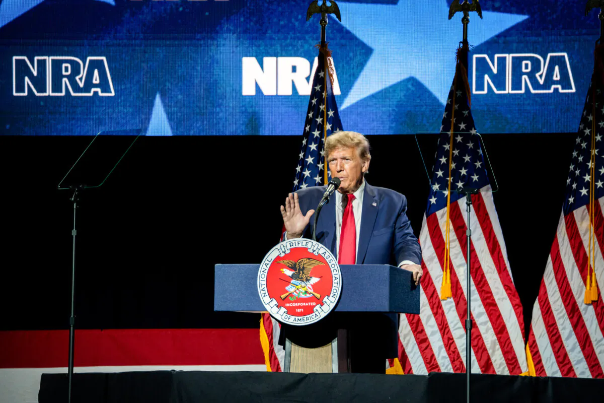 Former President Donald J. Trump speaks at the National Rifle Association in Harrisburg, Pa., on Feb. 9, 2024. (Madalina Vasiliu/The Epoch Times)