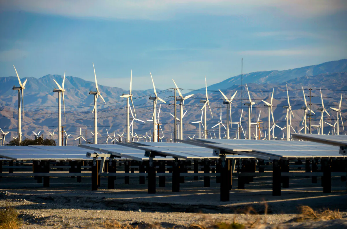 Giant wind turbines in front of solar panels in Palm Springs, Calif., on March 27, 2013. (Kevork Djansezian/Getty Images)