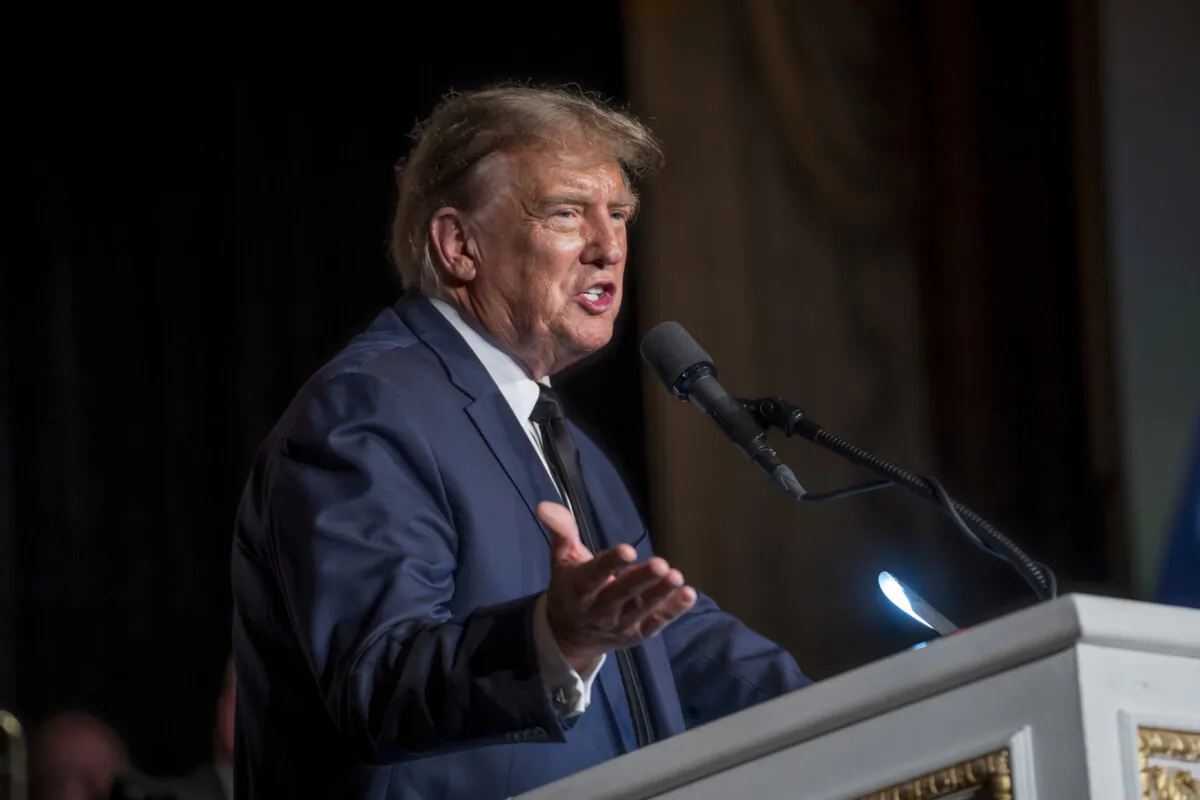 Former President Donald J. Trump speaks at an event organized by Trumpettes USA at the Mar-a-Lago Club in Palm Beach, Fla., on Feb. 10, 2024. (Madalina Vasiliu/The Epoch Times)