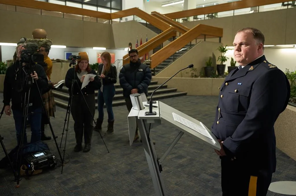 RCMP Inspector Tim Arseneault speaks to the media about an ongoing investigation into the death of five people in Winnipeg on Feb. 11, 2024. (The Canadian Press/David Lipnowski)