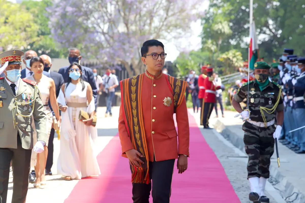 President of the Republic of Madagascar Andry Rajoelina (C) arrives the Queen's Palace of Manjakamiadana, in the upper city of Antananarivo, on Nov. 6, 2020. (MAMYRAEL/AFP via Getty Images)