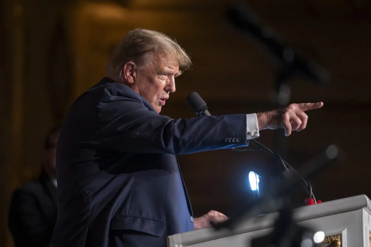 Former President Donald Trump speaks at an event organized by Trumpettes USA at the Mar-a-Lago Club in Palm Beach, Fla., on Feb. 10, 2024. (Madalina Vasiliu/The Epoch Times)