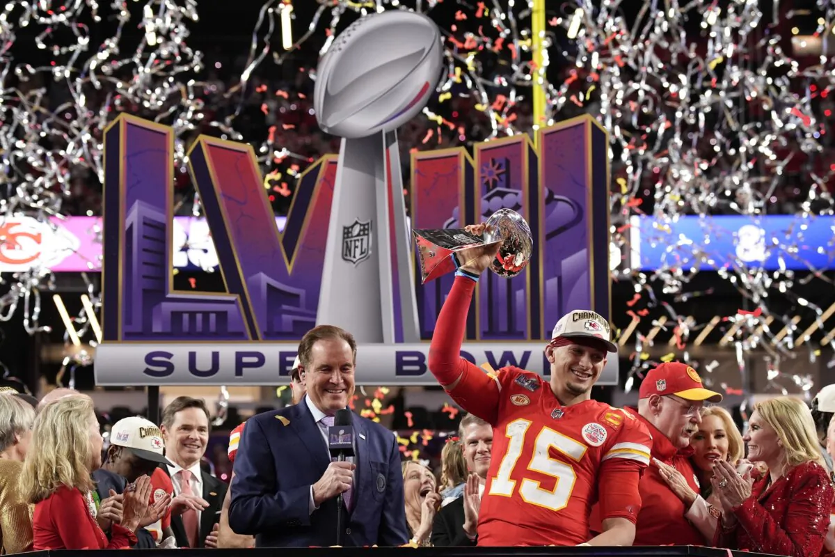 Kansas City Chiefs quarterback Patrick Mahomes (15) celebrates after the NFL Super Bowl 58 football game against the San Francisco 49ers in Las Vegas on Feb. 11, 2024. (John Locher/AP Photo)