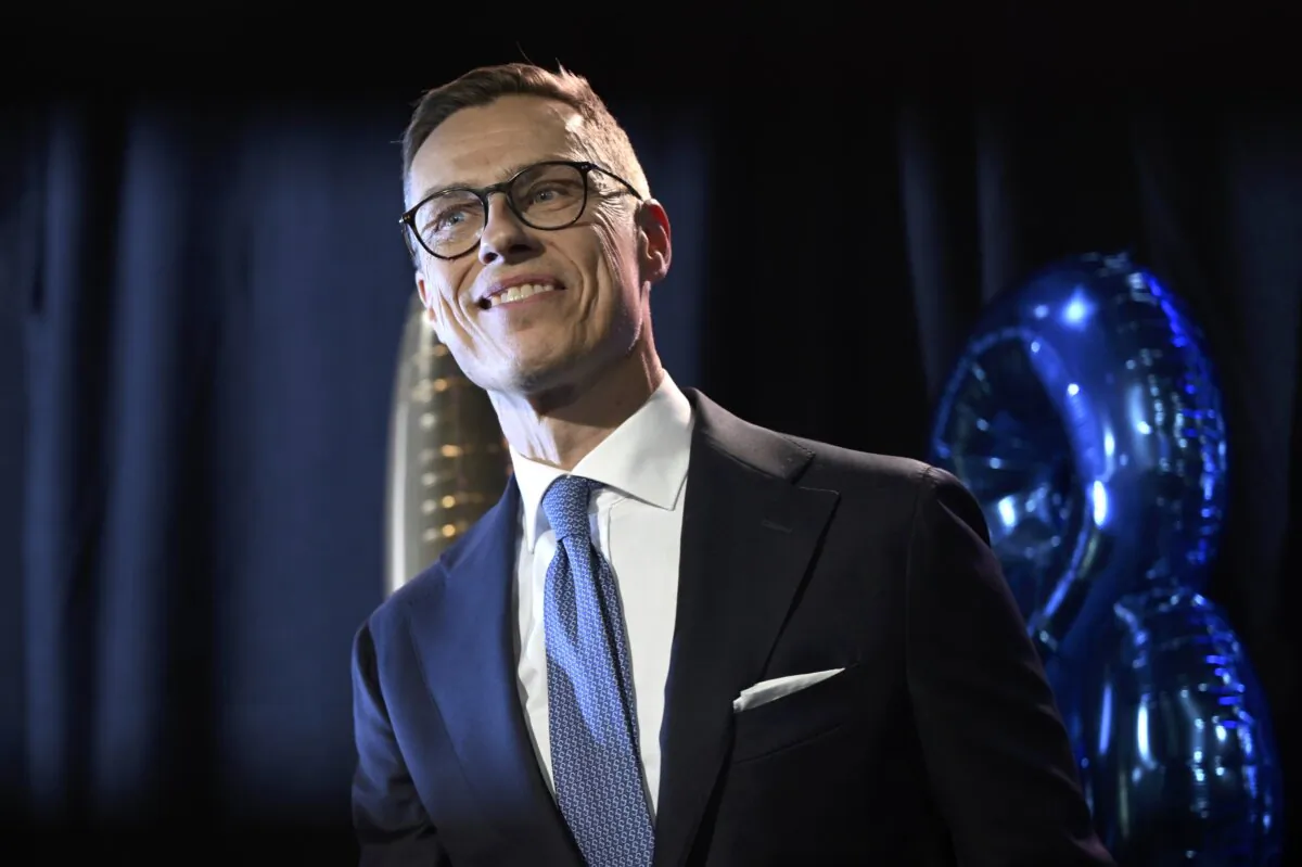 National Coalition Party (NCP) presidential candidate Alexander Stubb reacts as he attends his election reception in Helsinki, Finland, on Feb. 11, 2024. (Emmi Korhonen./Lehtikuva via AP)