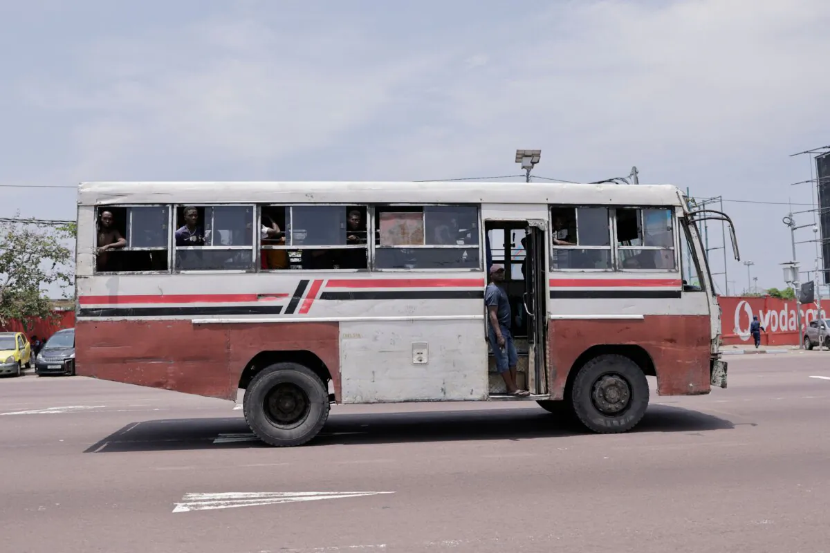 A bus outside the N'djili International Airport in Kinshasa, Democratic Republic of Congo (DRC), on Jan. 31, 2023. (Guerchom Ndebo/AFP via Getty Images)