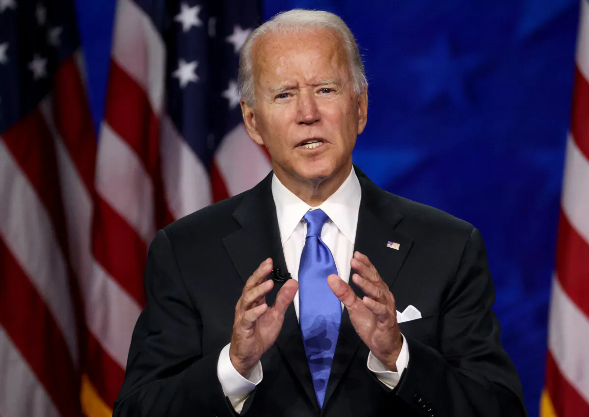 Democratic presidential nominee Joe Biden delivers his acceptance speech on the fourth night of the Democratic National Convention from the Chase Center in Wilmington, Del., on Aug. 20, 2020. (Win McNamee/Getty Images)