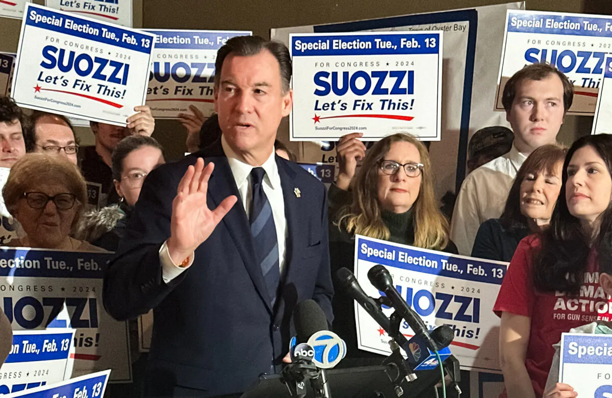 Tom Suozzi at a Feb. 11, 2024 press conference inside his Plainview campaign headquarters (Courtesy of Juliette Fairley)