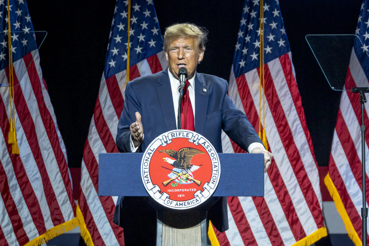 Former President Donald J. Trump speaks at the National Rifle Association in Harrisburg, Pa., on Feb. 9, 2024. (Madalina Vasiliu/The Epoch Times)