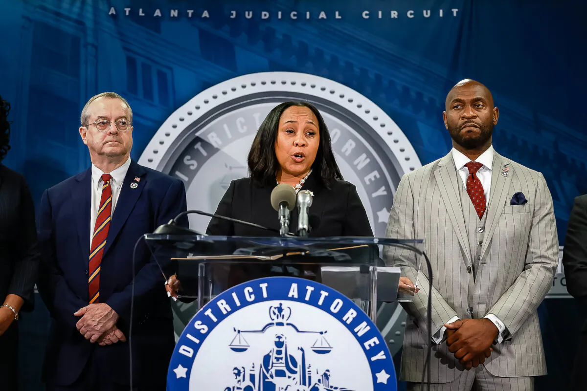 Fulton County District Attorney Fani Willis speaks during a news conference at the Fulton County Government building in Atlanta on Aug. 14, 2023. (Joe Raedle/Getty Images)