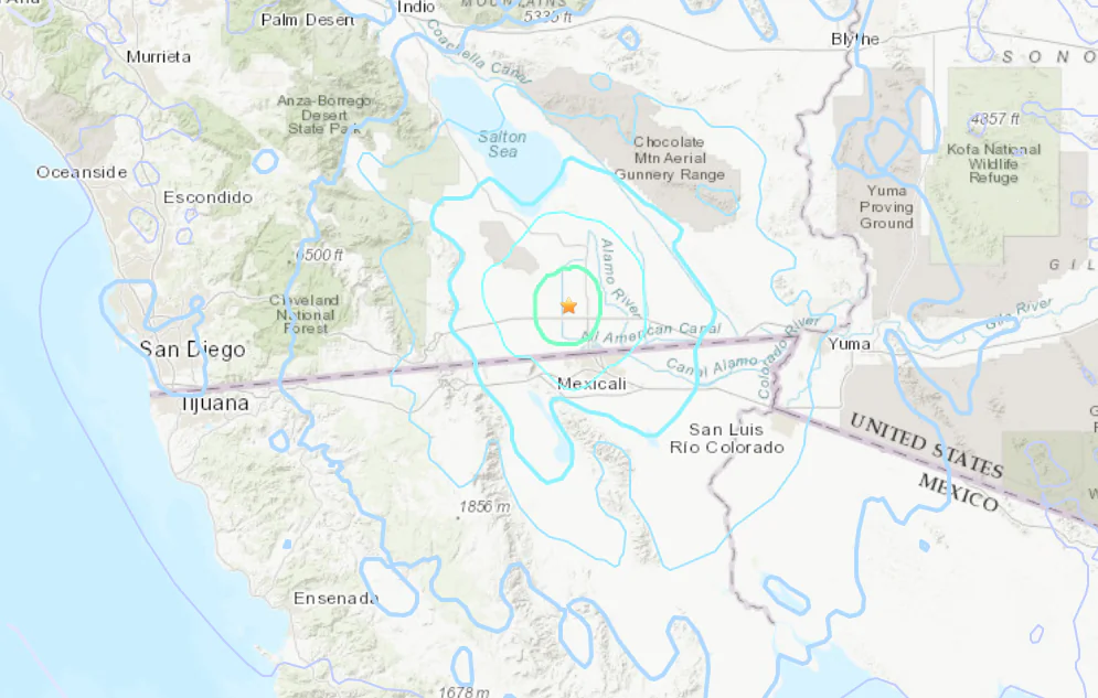 A 4.8 magnitude earthquake and dozens of aftershocks have occurred in El Centro, Calif., on Feb. 12, 2024. (U.S. Geological Survey/Screenshot via The Epoch Times)