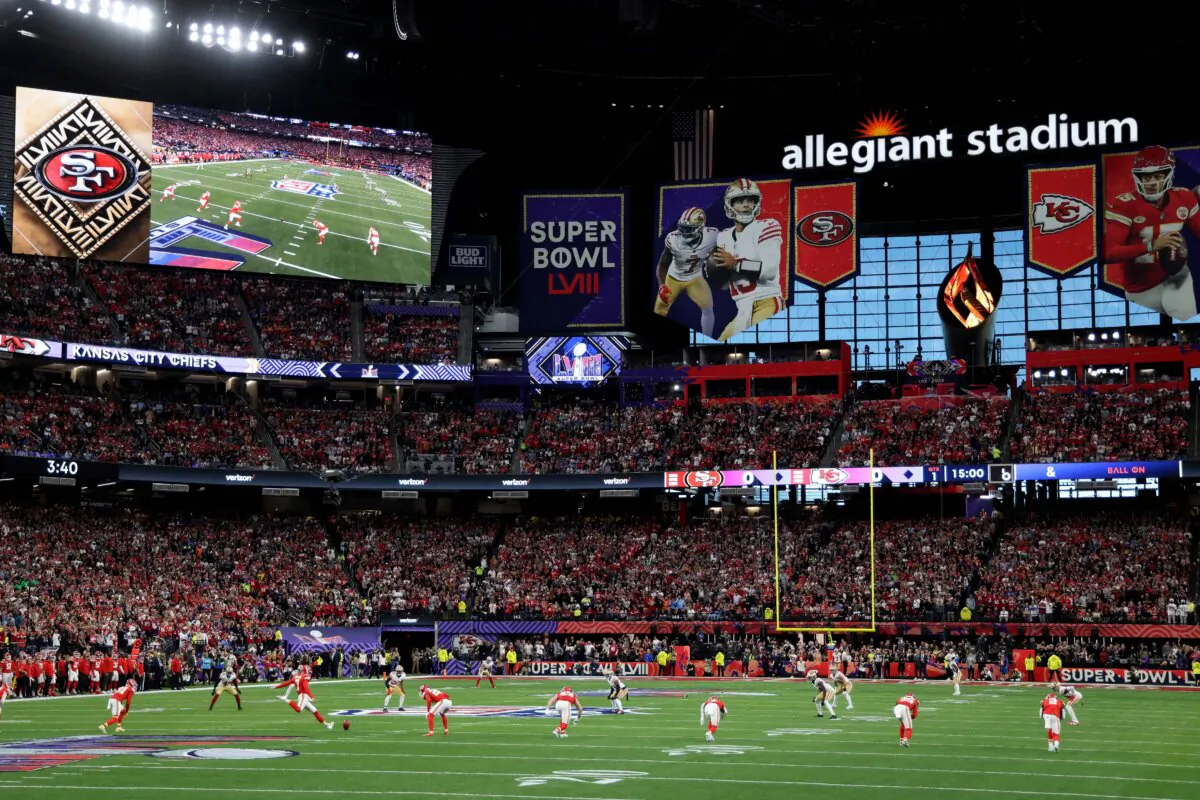 Harrison Butker #7 of the Kansas City Chiefs kicks the ball to start Super Bowl LVIII against the San Francisco 49ers at Allegiant Stadium in Las Vegas on Feb. 11, 2024. (Harry How/Getty Images)