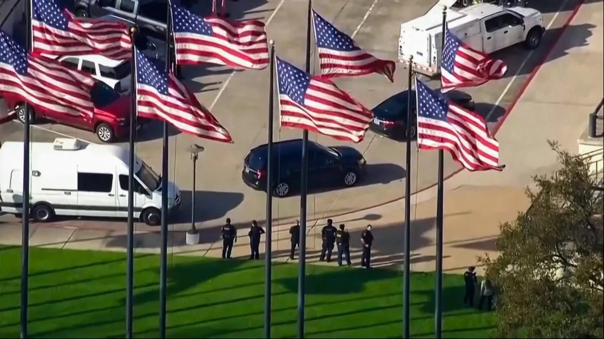 Authorities respond to a shooting at Lakewood Church in Houston on Feb. 11, 2024, in a still from video. (KTRK-TV ABC13 via AP)