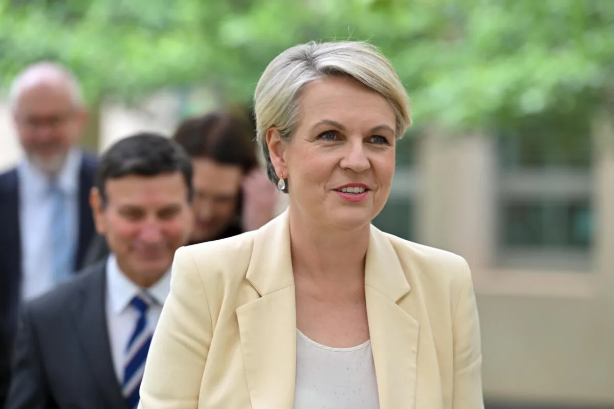 Minister for Social Services Tanya Plibersek and government members and senators arrive at a press conference at Parliament House in Canberra, Australia, on Nov. 30, 2023. (AAP Image/Mick Tsikas)