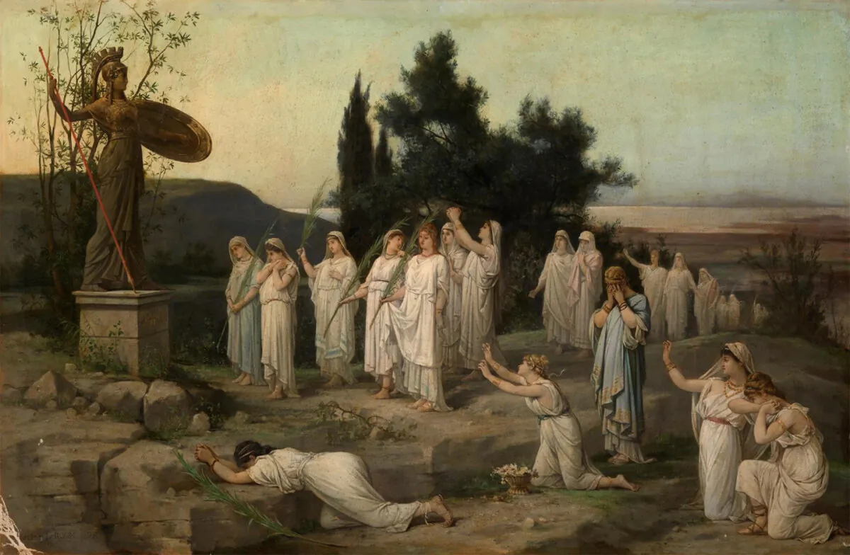 The ancient Greeks pursued wisdom through worship and reverence for the divine. "Adoration of the Goddess Pallas Athena," 1878, by Hector Leroux. Oil on canvas. (Public Domain)