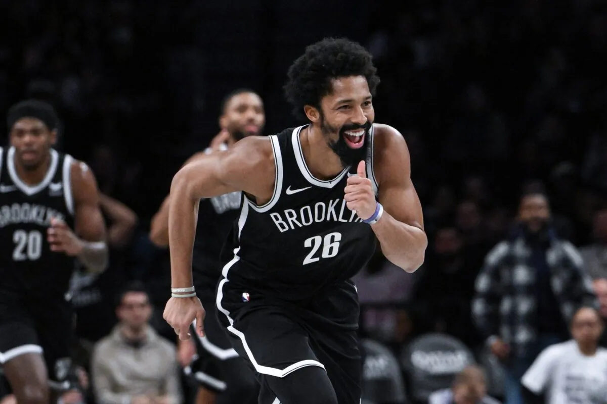 Brooklyn Nets guard Spencer Dinwiddie (26) reacts after scoring a basket against the Chicago Bulls during the fourth quarter in New York on Nov. 26, 2023. (John Jones/USA TODAY Sports via Field Level Media)