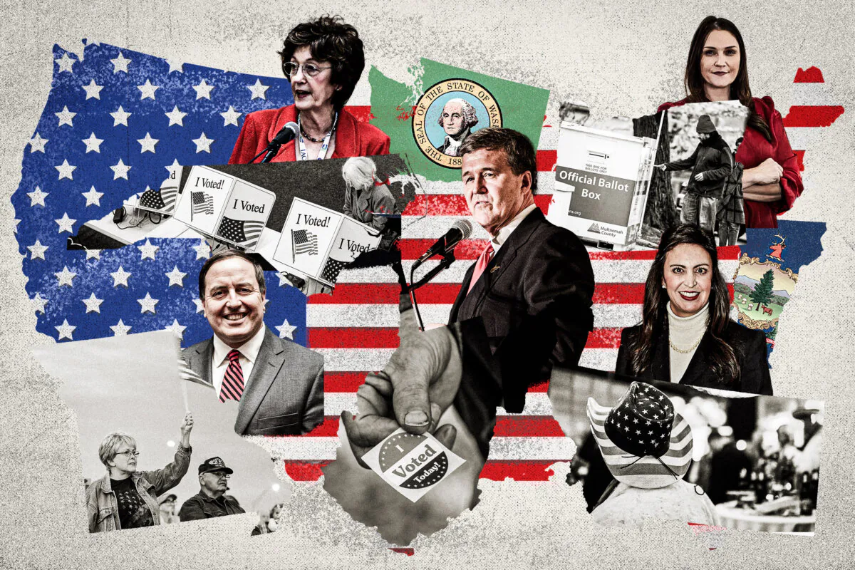(Illustration by The Epoch Times, Getty Images, Oregon Secretary of State, Christi Jacobsen for Montana, macwarner.com, Joe Ross, US Department of Education, Freepik)