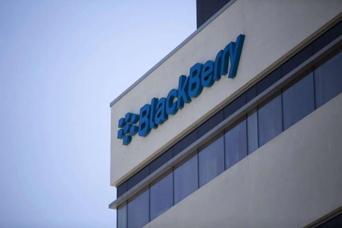 The Blackberry logo located in the front of the company's B building in Waterloo, Ont. on May 29, 2018. (The Canadian Press/Andrew Ryan)
