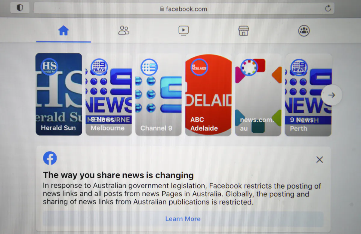 Various news sites are seen on Facebook in Melbourne, Australia, on Feb. 18, 2021. (Robert Cianflone/Getty Images)