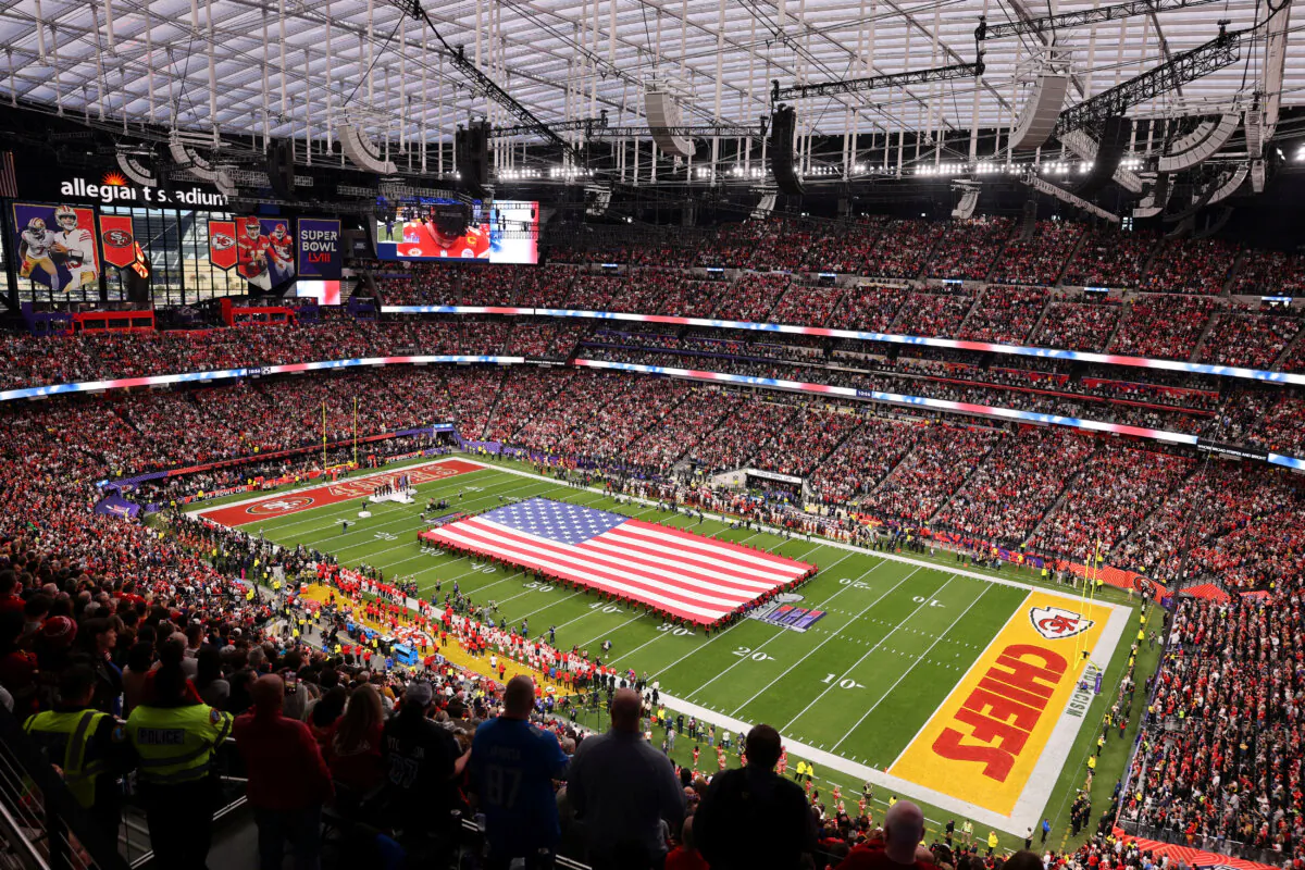 A U.S. flag on the field before the Super Bowl LVIII game between Kansas City Chiefs and San Francisco 49ers in Las Vegas on Feb. 11, 2024. (Mike Blake/Reuters)