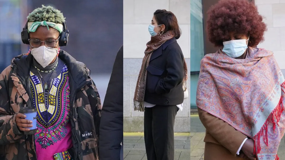 Three women—Noimutu Olayinka Taiwo (L), Heba Alhayek (C), and Pauline Ankunda (R)—accused of wearing paraglider stickers in support of Hamas, arrive at Westminster Magistrates Court in London on Feb. 12, 2024. (PA)
