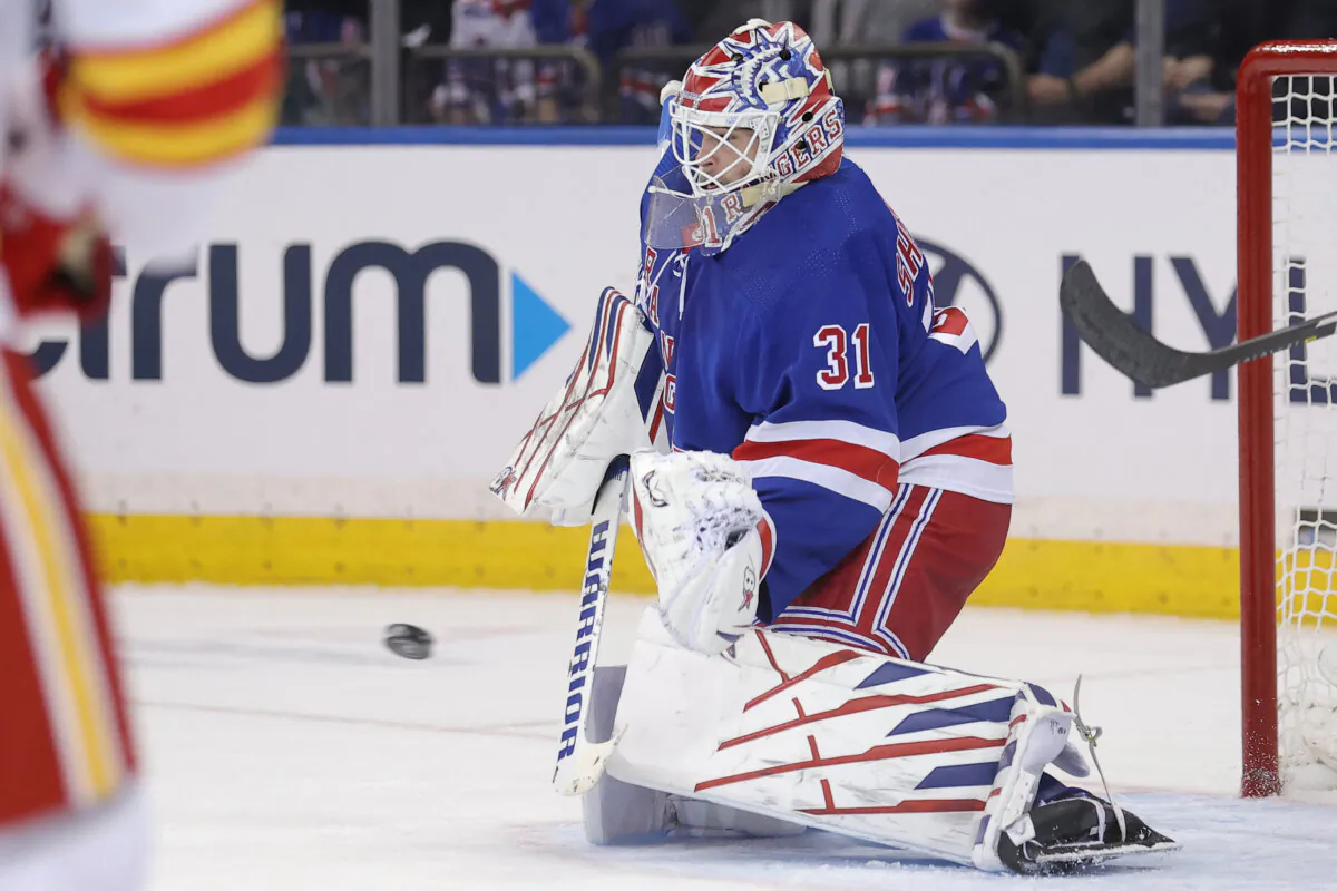New York Rangers goaltender Igor Shesterkin (31) makes a save against the Calgary Flames during the second period at Madison Square Garden in New York on Feb. 12, 2024. (Brad Penner-USA TODAY Sports via Field Level Media)