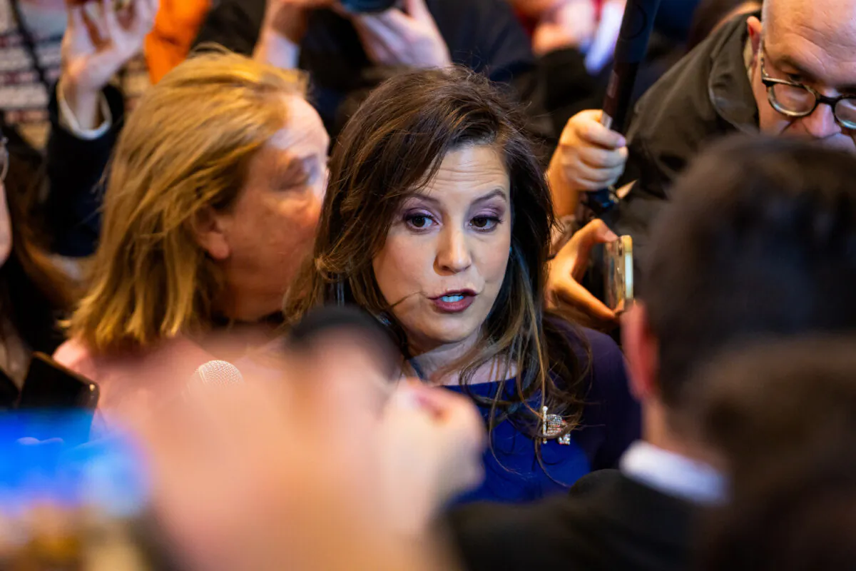 Rep. Elise Stefanik (R-N.Y.) speaks during a campaign event with Republican presidential candidate and former President Donald J. Trump in Concord, N.H., on Jan. 19, 2024. (Madalina Vasiliu/The Epoch Times)