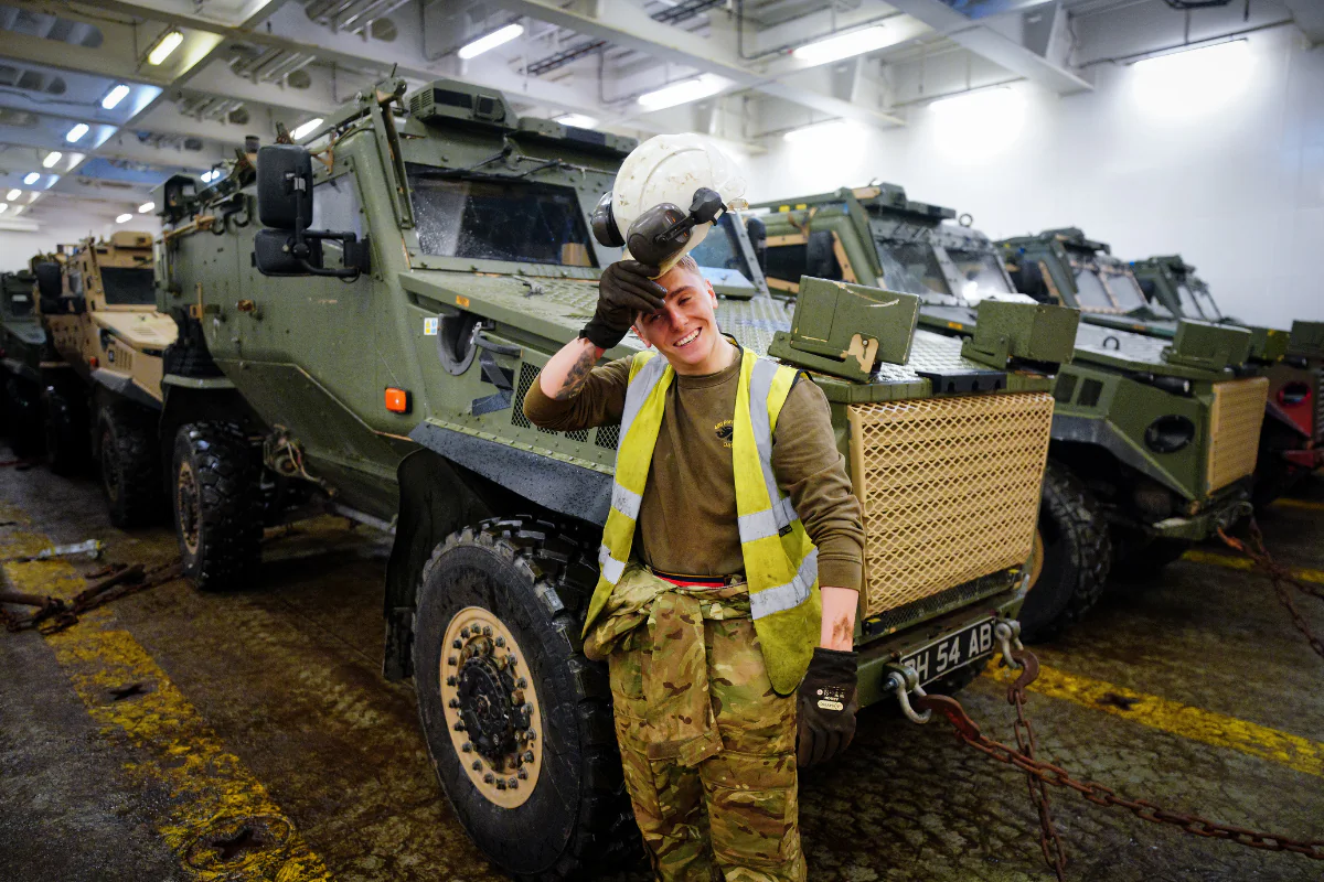 Vehicles and equipment loaded onboard MV Anvil Point at the Sea Mounting Centre in Marchwood near Southampton, Hampshire, on Feb. 13, 2024. (Ben Birchall/PA)