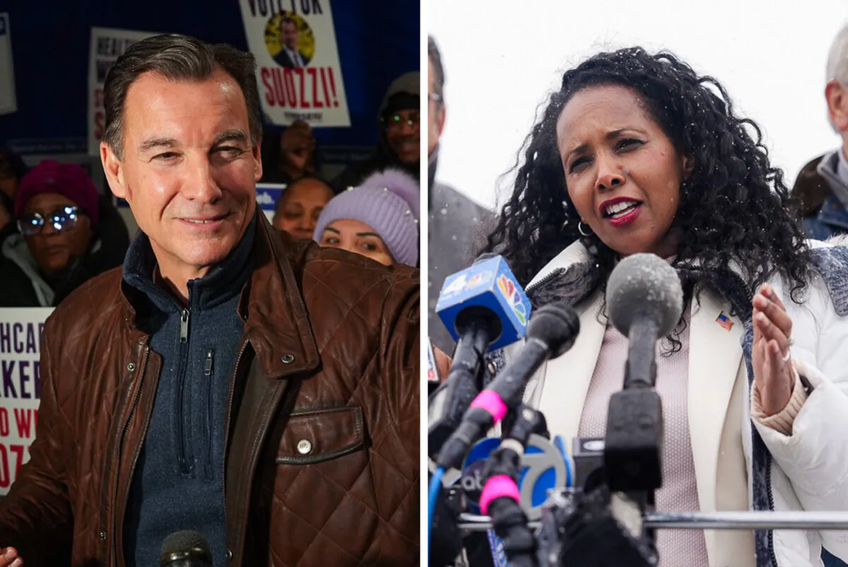 (Left) Tom Suozzi in Westbury, N.Y., on Feb. 13, 2024. (Right) Mazi Pilip in Massapequa, N.Y., on Feb. 13, 2024. (Samira Bouaou/The Epoch Times)