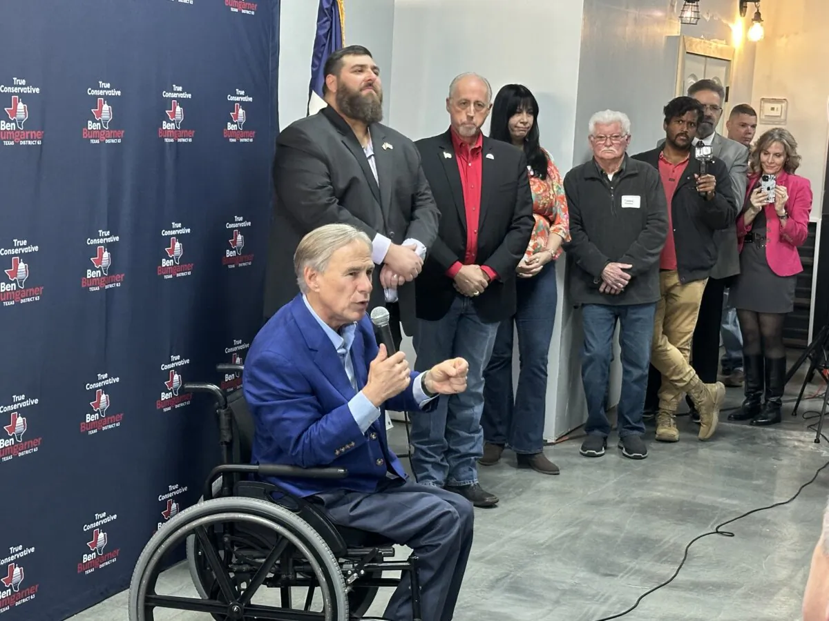 Texas Gov. Greg Abbott speaks about border security during a campaign stop endorsing state Rep. Ben Bumgarner in Roanoke, Texas, on Feb. 13, 2024. (Jana J. Pruet/The Epoch Times)