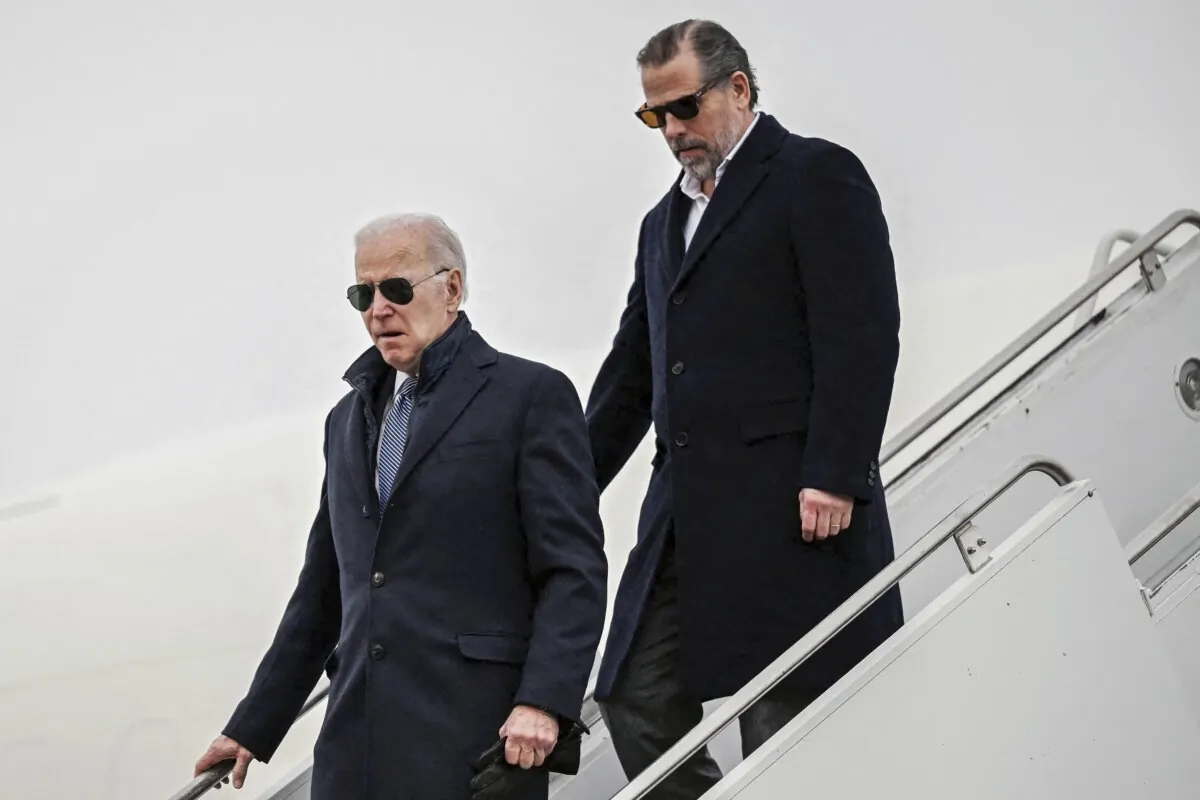 President Joe Biden and his son, Hunter Biden, arrive at Hancock Field Air National Guard Base in Syracuse, N.Y., on Feb. 4, 2023. (Andrew Caballero-reynolds/AFP via Getty Images)