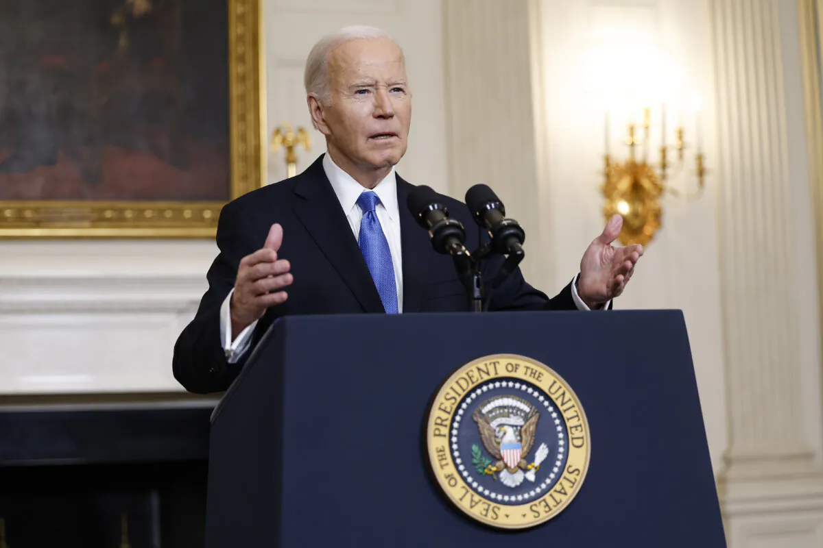 President Joe Biden speaks in the State Dining Room of the White House, on Feb. 13, 2024. (Anna Moneymaker/Getty Images)