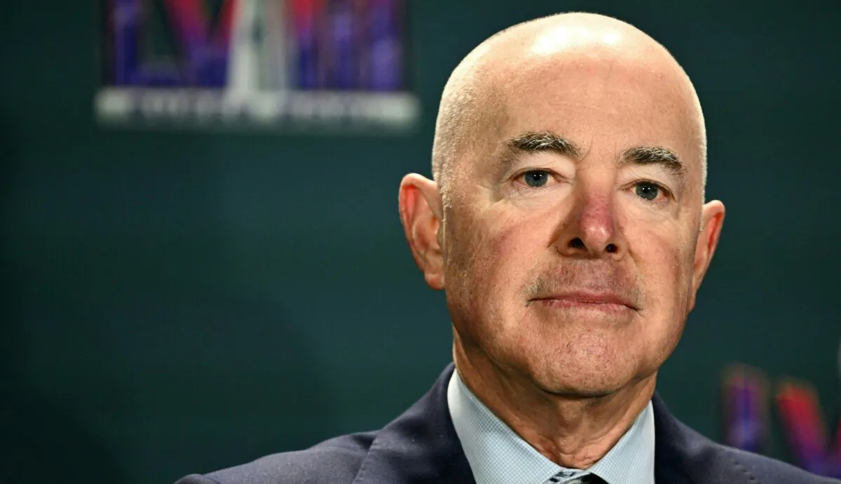 U.S. Homeland Security Secretary Alejandro Mayorkas during a press conference in Las Vegas on Feb. 7, 2024. (Patrick T. Fallon/AFP via Getty Images)