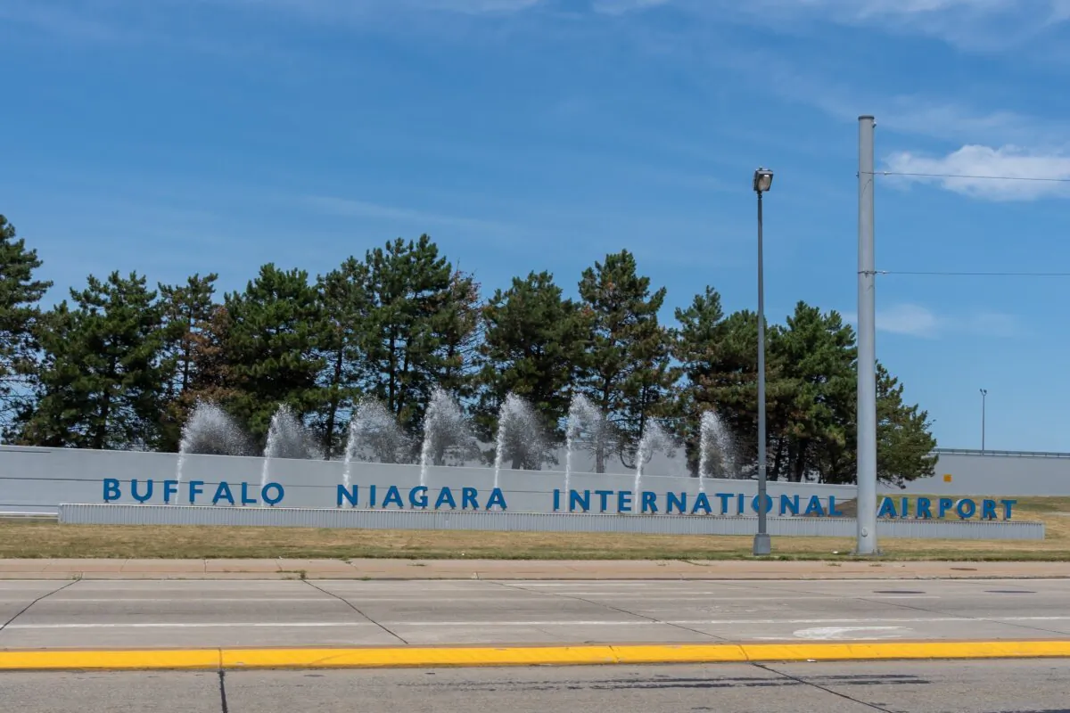 The Buffalo Niagara International Airport sign in Cheektowaga, N.Y., on July 23, 2022. (JHVEPhoto/Shutterstock)