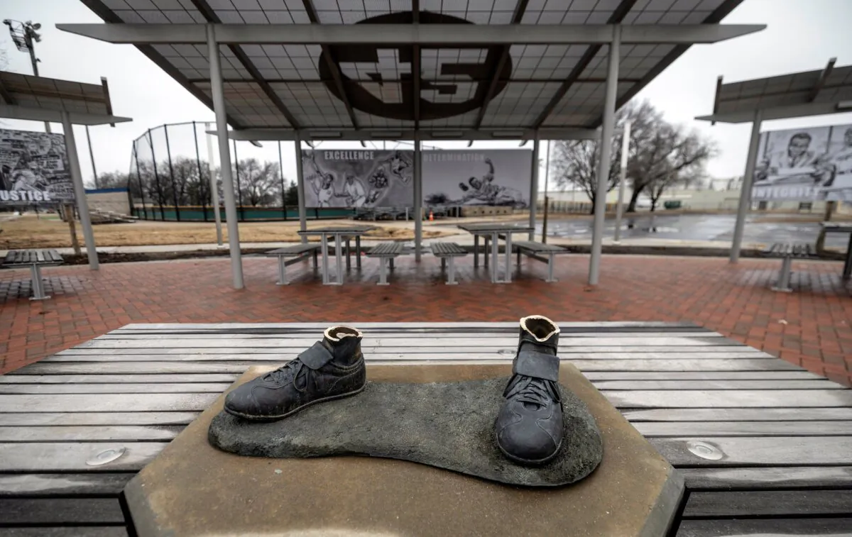A bronze statue of legendary baseball pioneer Jackie Robinson was stolen from a park in Wichita, Kan., on Jan. 25, 2024. (Travis Heying/The Wichita Eagle via AP)