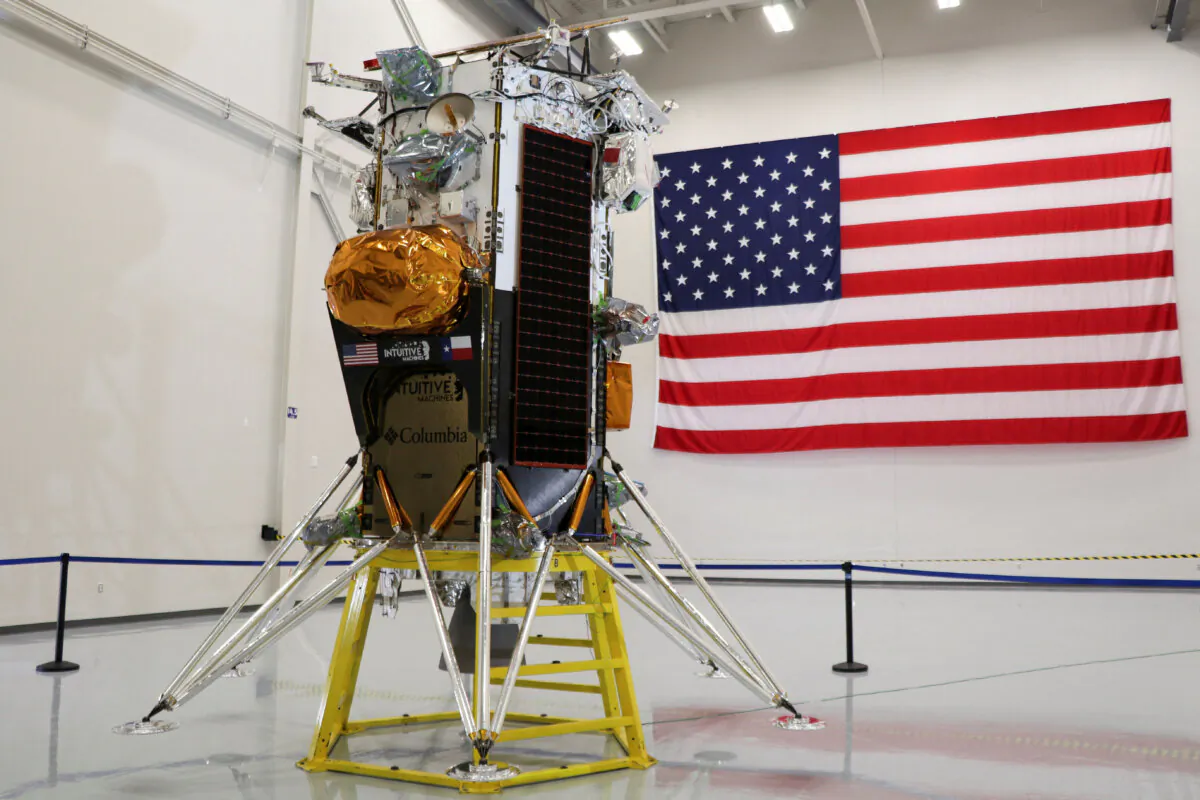 The Nova-C lunar lander designed by aerospace company Intuitive Machines is displayed at the company's headquarters in Houston, Texas on Oct. 3, 2023. (Evan Garcia/Reuters)