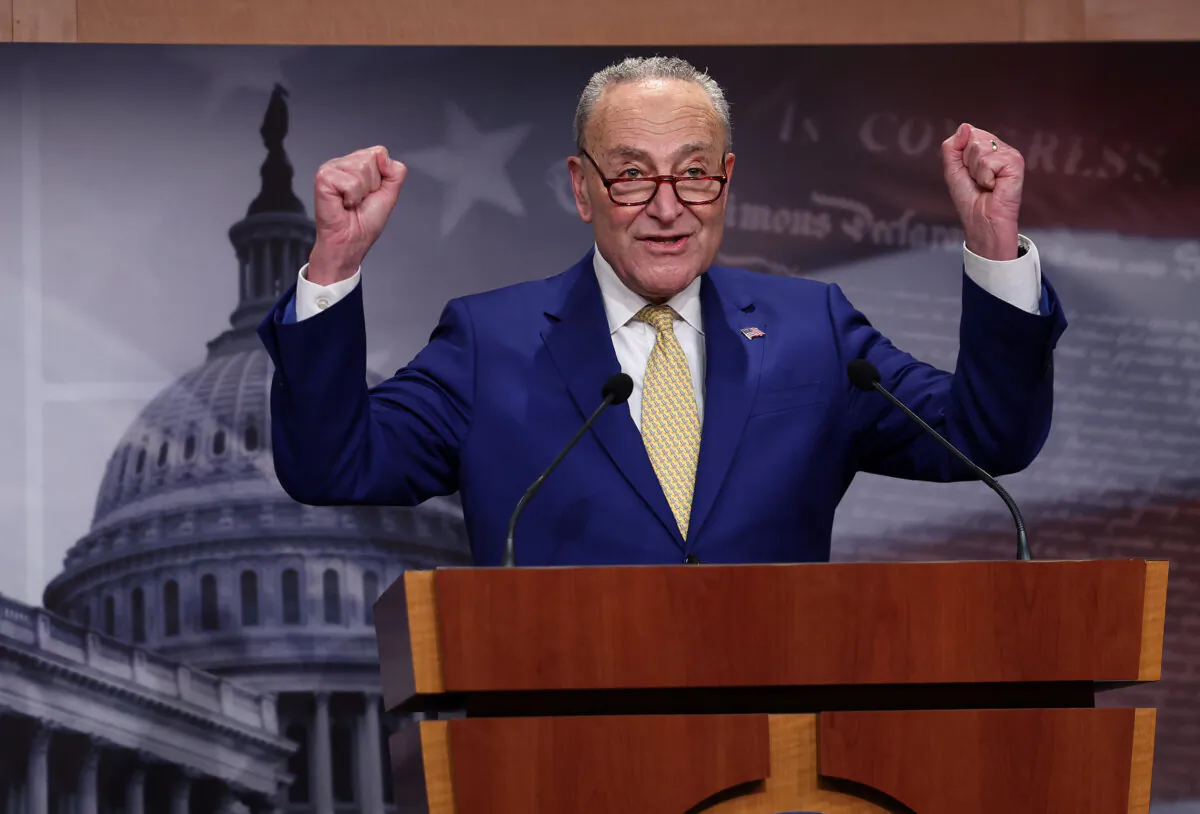 Senate Majority Leader Charles Schumer (D-N.Y.) speaks on the National Security Supplemental Bill during a press conference at the U.S. Capitol in Washington on Feb. 13, 2024. (Kevin Dietsch/Getty Images)
