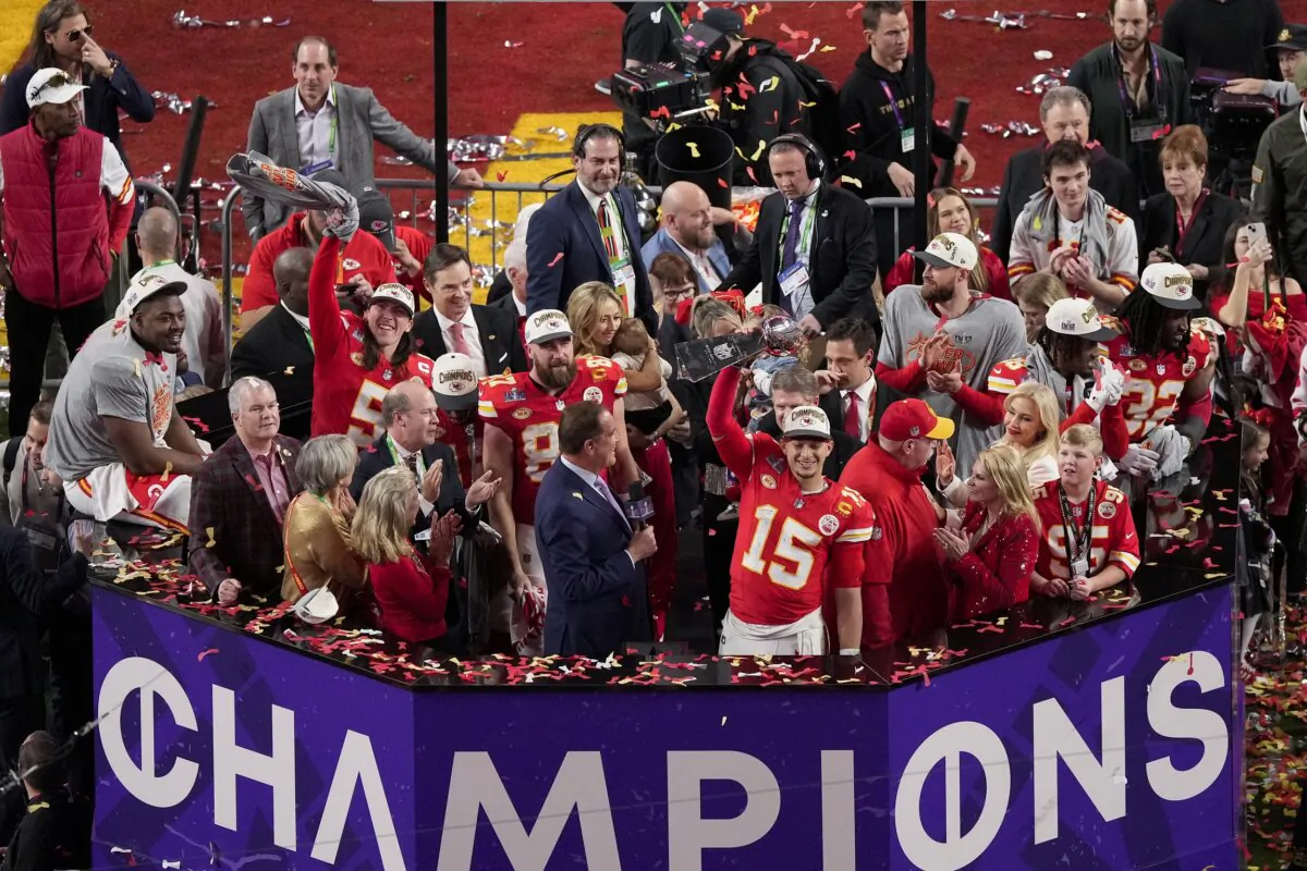 Kansas City Chiefs quarterback Patrick Mahomes (15) lifts the Vince Lombardi Trophy after the team's victory over the San Francisco 49ers in the NFL Super Bowl 58 football game in Las Vegas on Feb. 11, 2024. (David J. Phillip/AP Photo)
